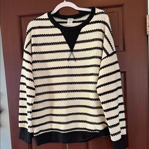 NWOT!! 7th Ray Black and Cream Striped Crewneck Sweater